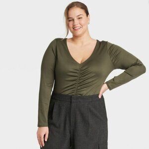 A New Day Women's Long Sleeve Ruched Slim Fit Bodysuit Olive 3X